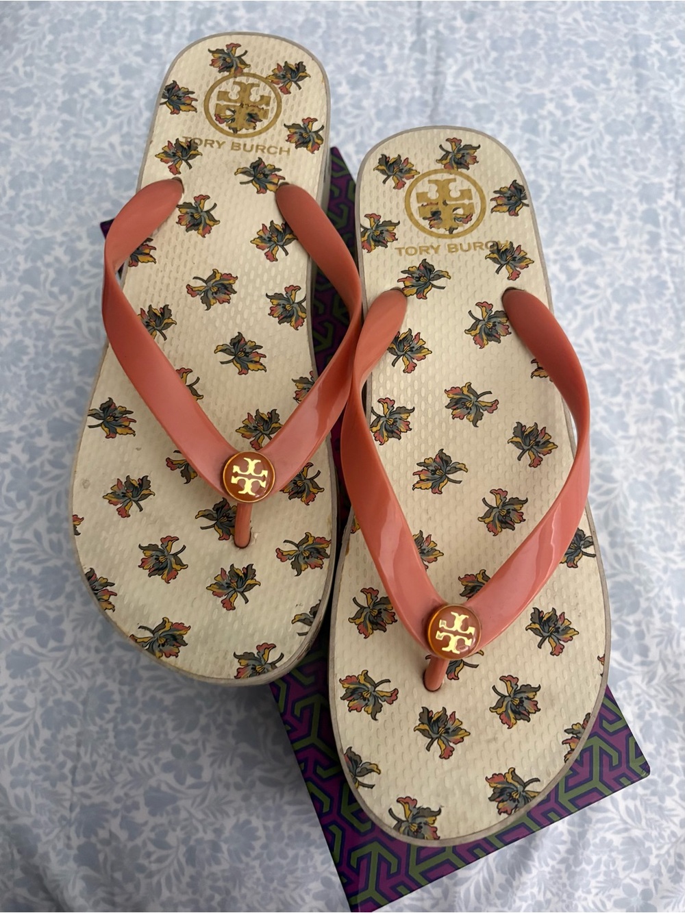 Tory Burch Purple, Green and Orange Geometric Wedge Flip Flop Box